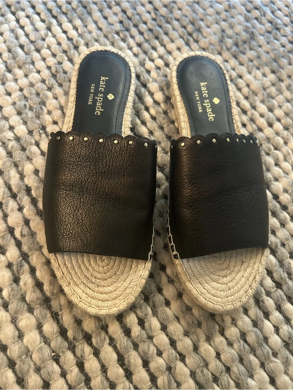 kate spade Black Leather Scalloped Espadrille Slides